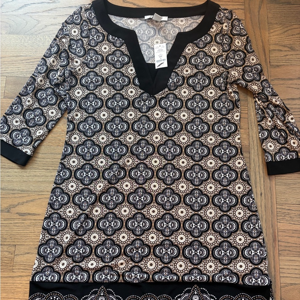 NWT White House Black Market Printed Tunic Dress | Size Small | Black & Tan
